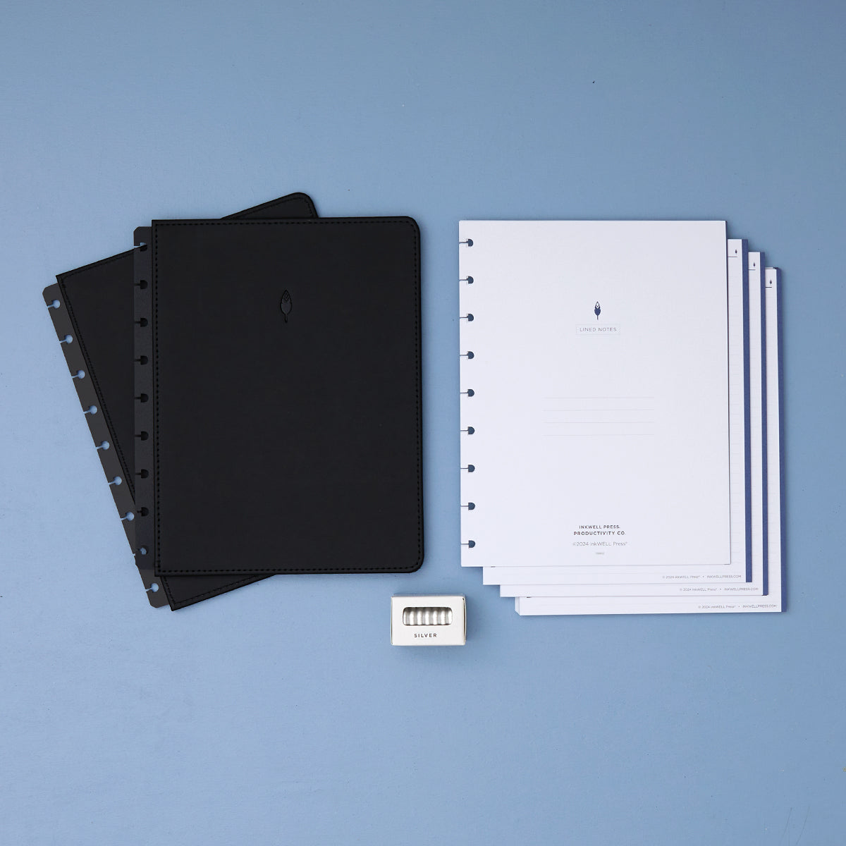 onyx black cover, silver discs, and lined notes plus insert for this bundle featuring lined writing space