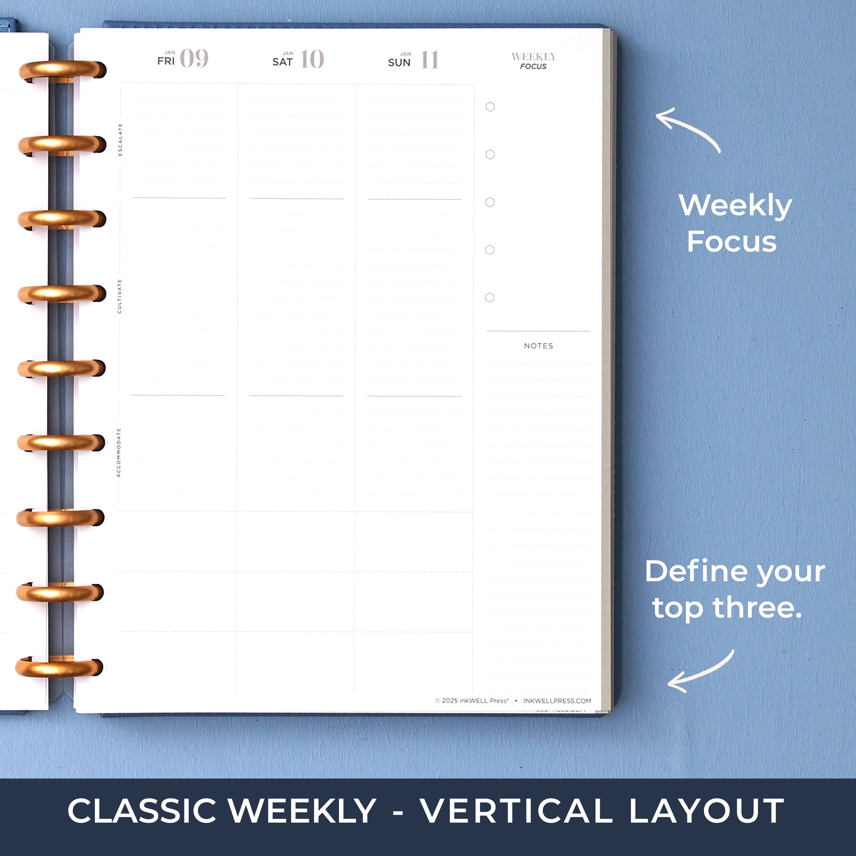 2026 january - 2026 december planner featuring 7x9 size featuring weekly vertical planning layout for each day with lined writing space, bullet points, and notes section