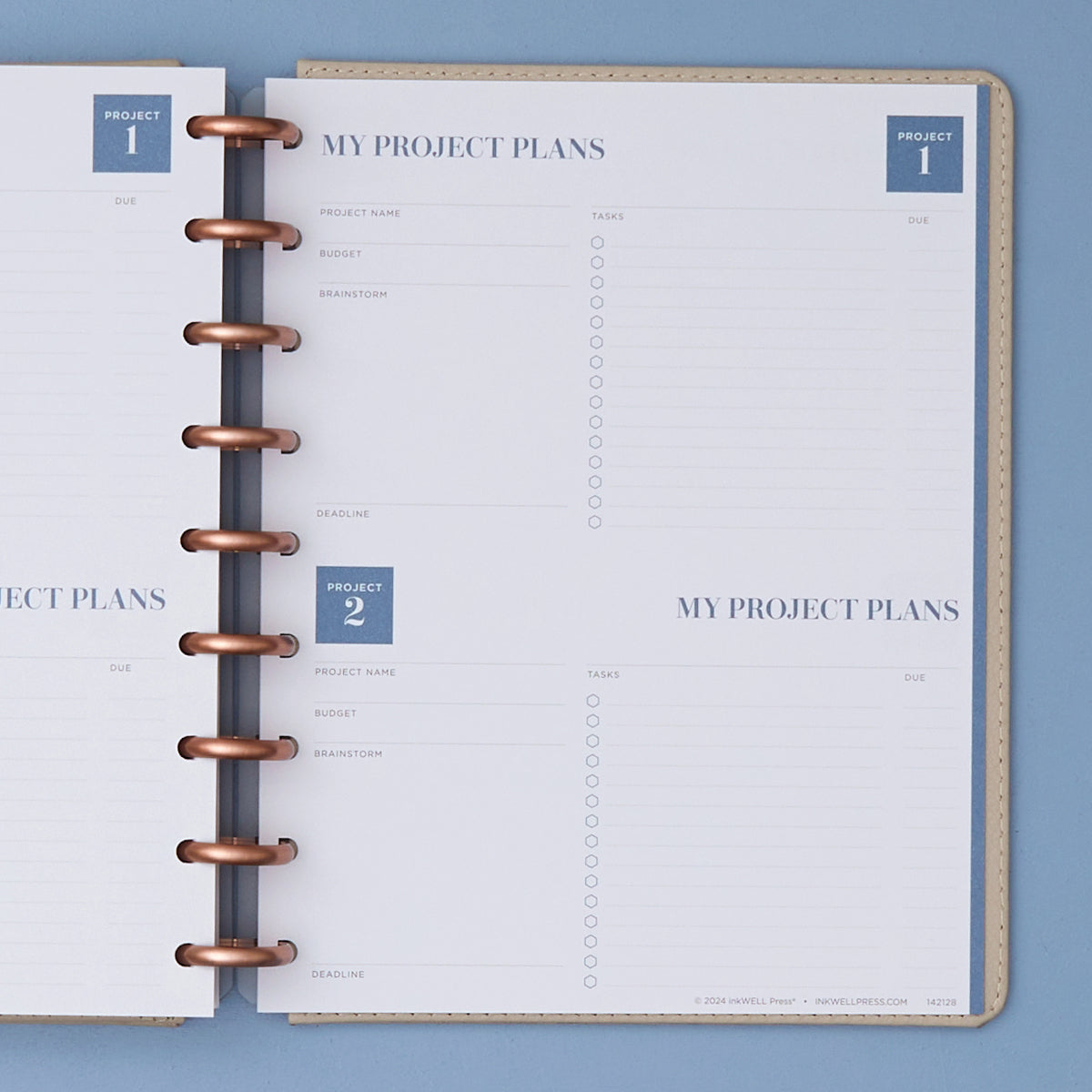 project planning insert with project name, budget, brainstorm and bullet points, lined writing space