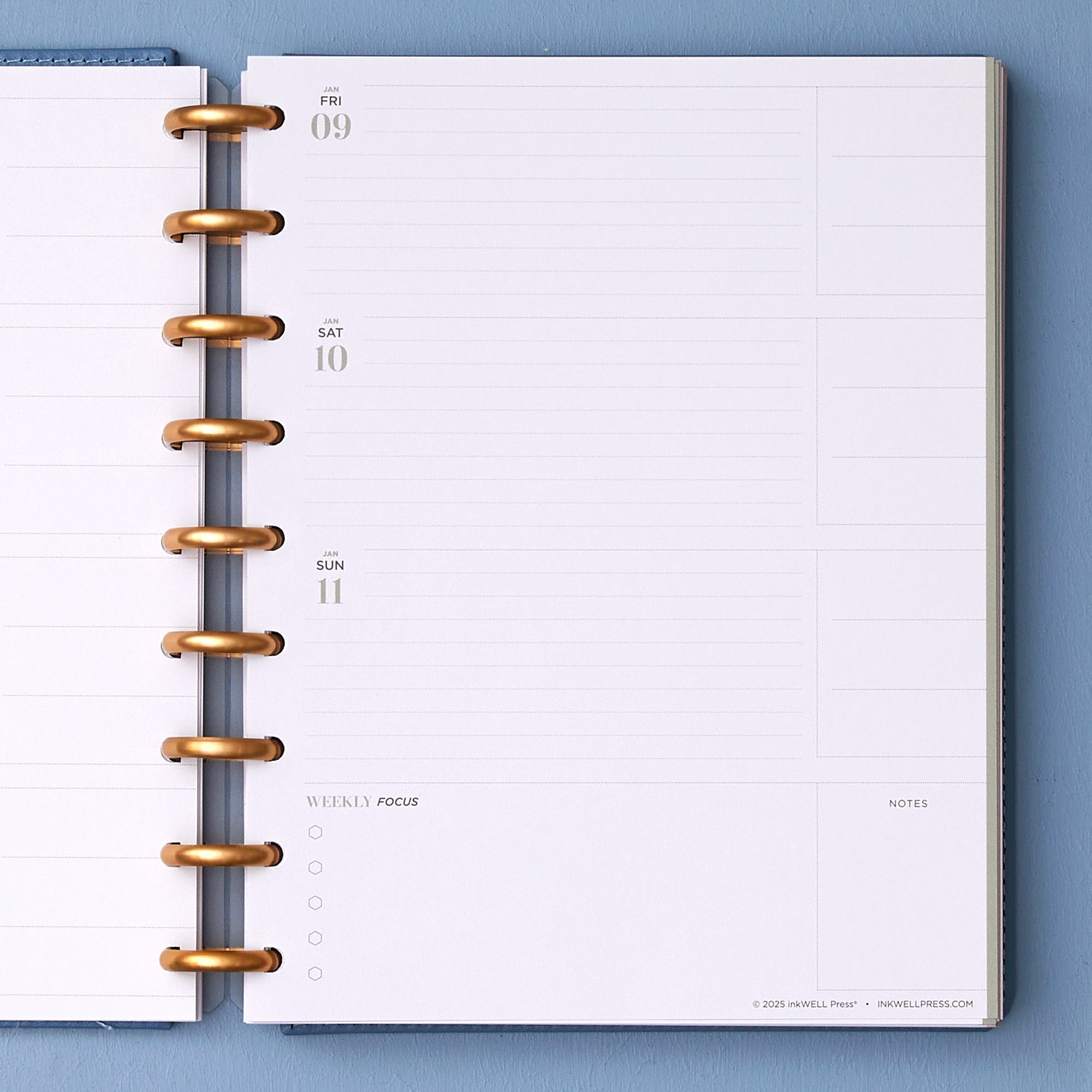 2026 january - 2026 december planner featuring 7x9 size featuring weekly horizontal planning layout for each day with lined writing space, bullet points, and notes section