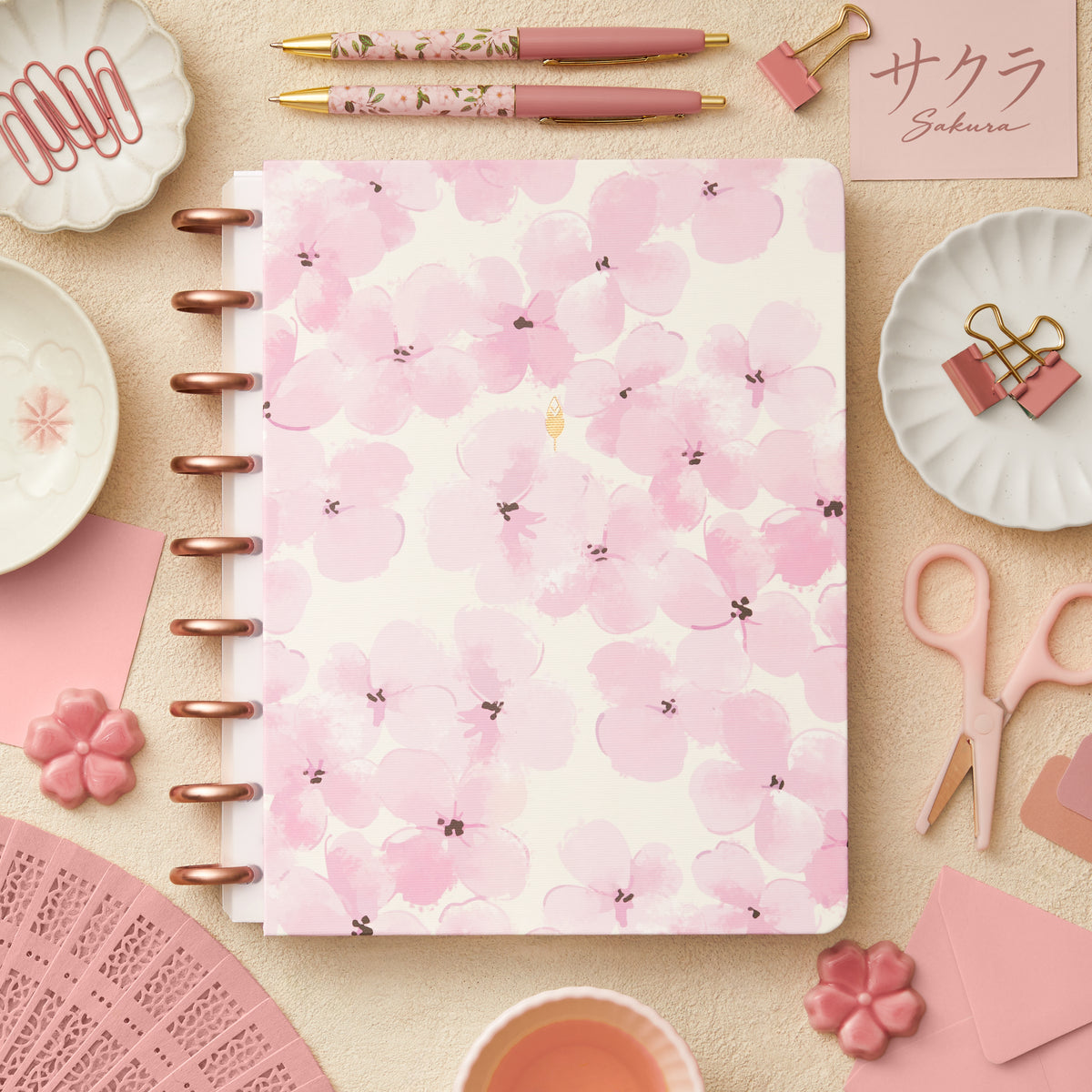 pink flowers and gold quill int eh center front cover for this 7x9 size with rose gold disc