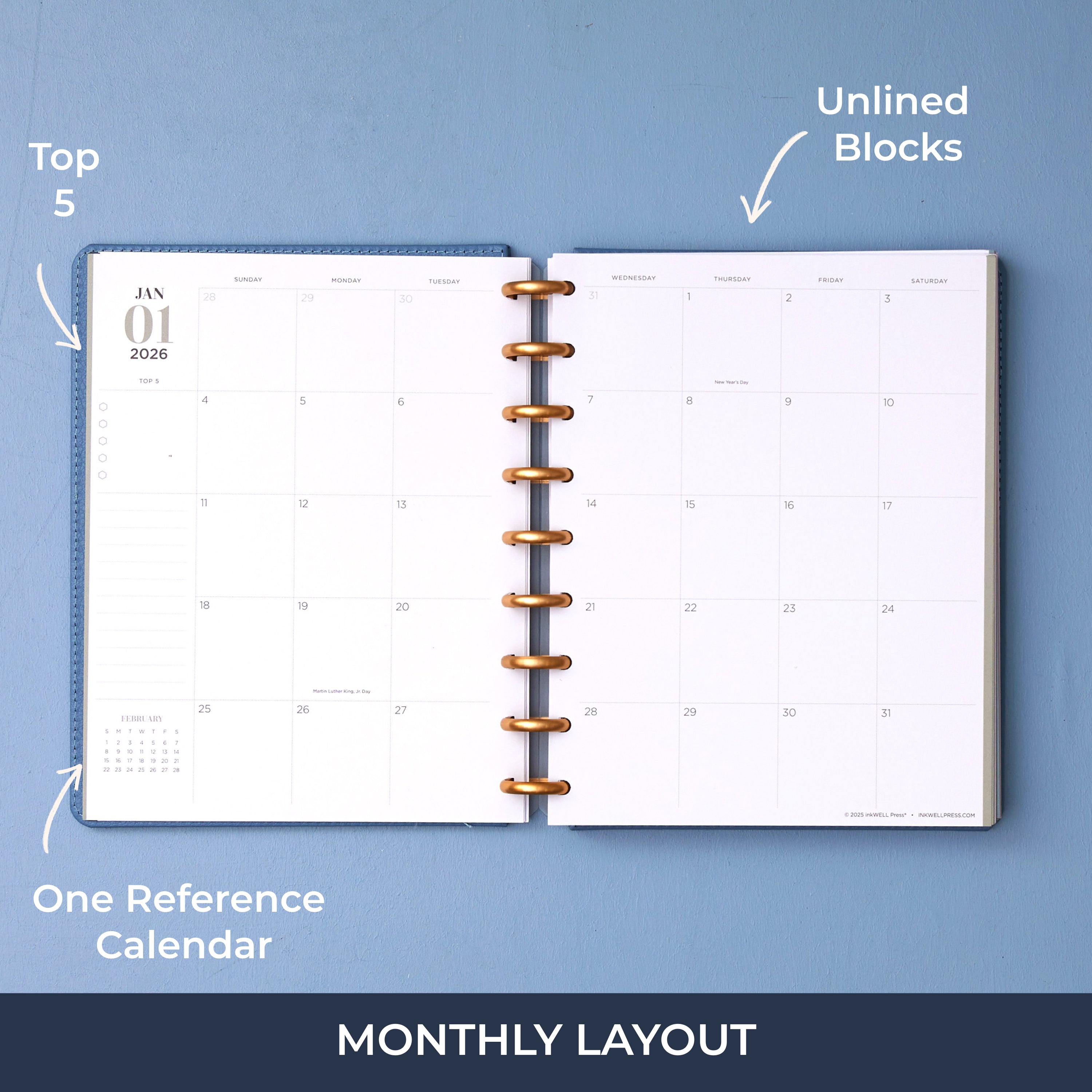 january 2026 - december 2026 monthly insert featuring bullet points, lined notes section, reference calendars, and blank writing space for each day.