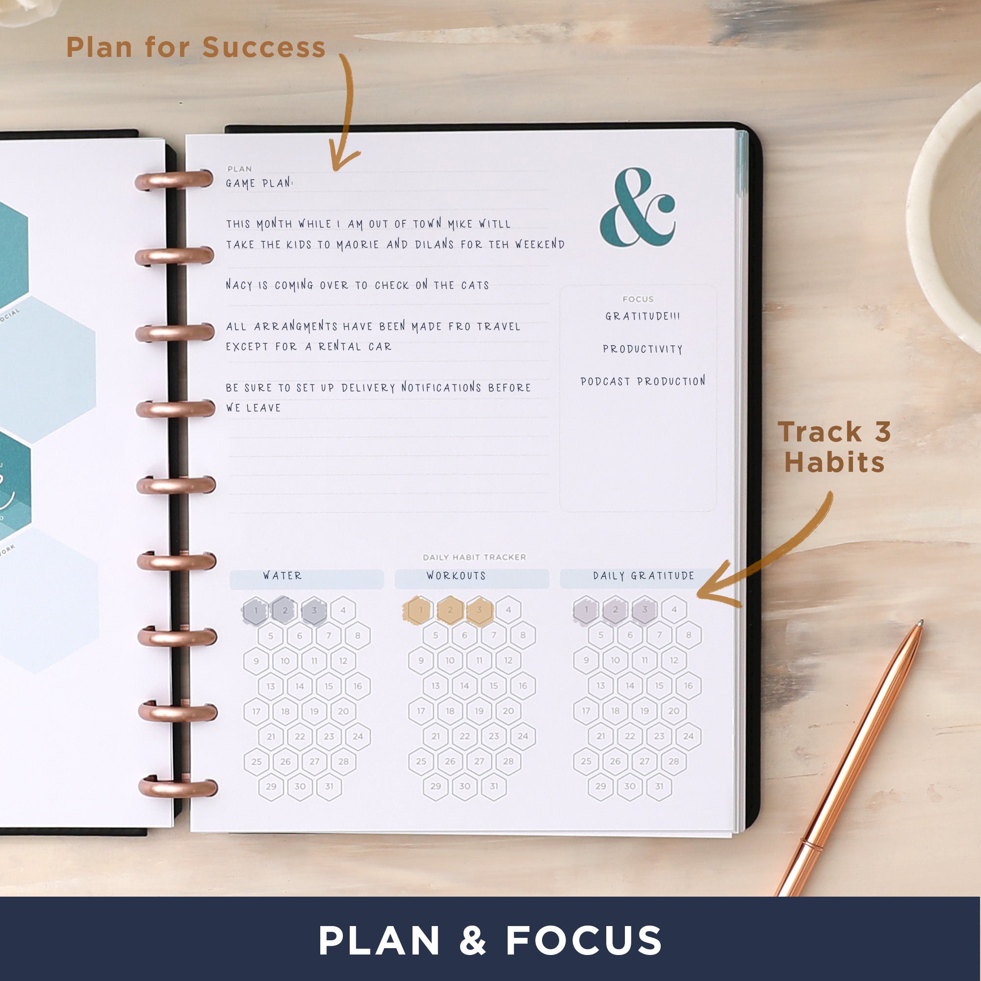 Plan for success with tracker, lined notes section, and focus