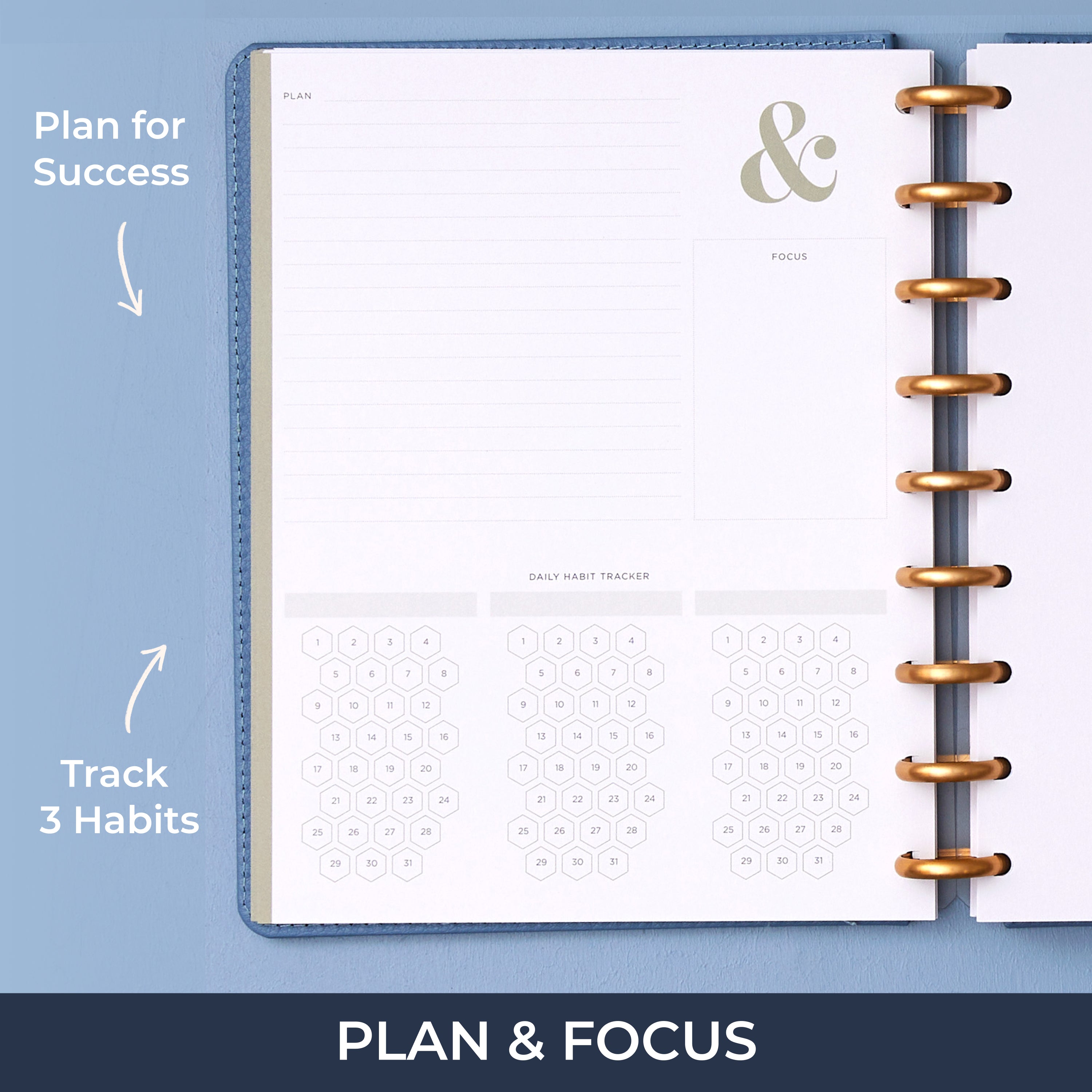 dedicated plan & focus page featuring lined writing space, open writing space, and a daily habit tracker.