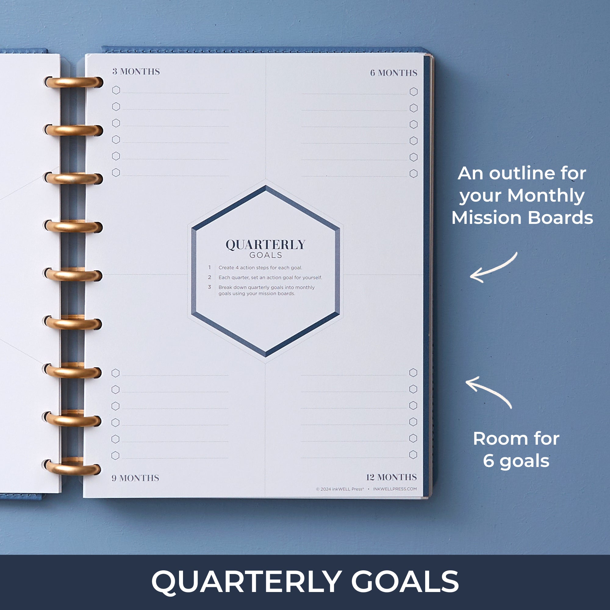 3, 6, 9, and 12 month bullet points for quarterly goals with lined writing space.