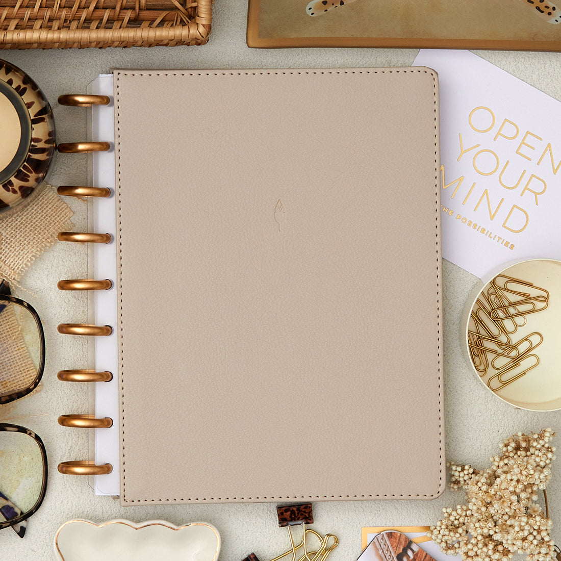 oat latte colored faux vegan leather cover for disc bound system inkwellpress.com in 7x9 size