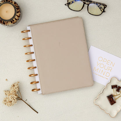oat latte colored faux vegan leather cover for disc bound system inkwellpress.com in 7x9 size