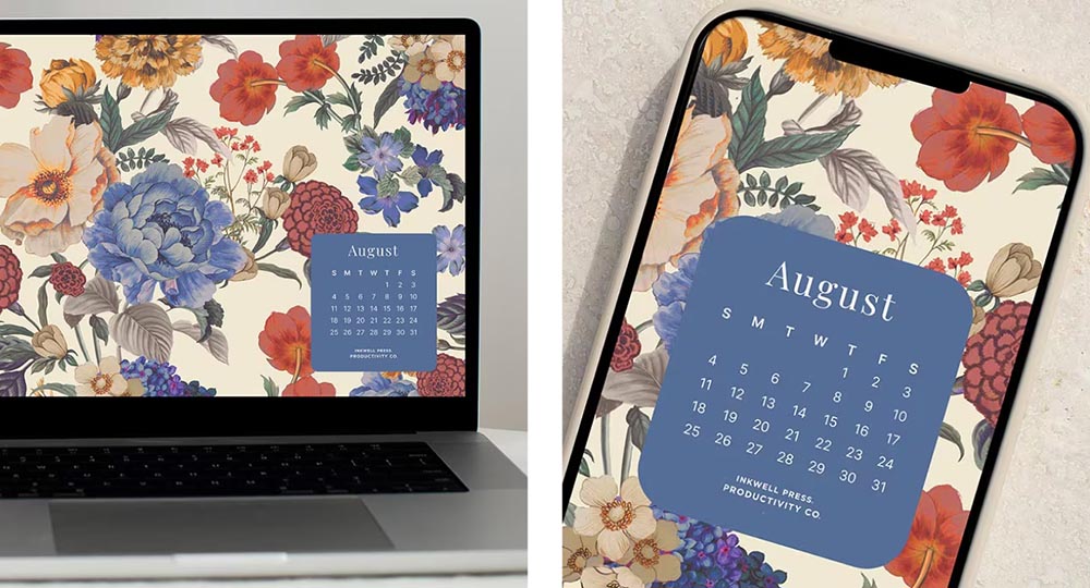 August Wallpaper mockups on a desktop and mobile phone.