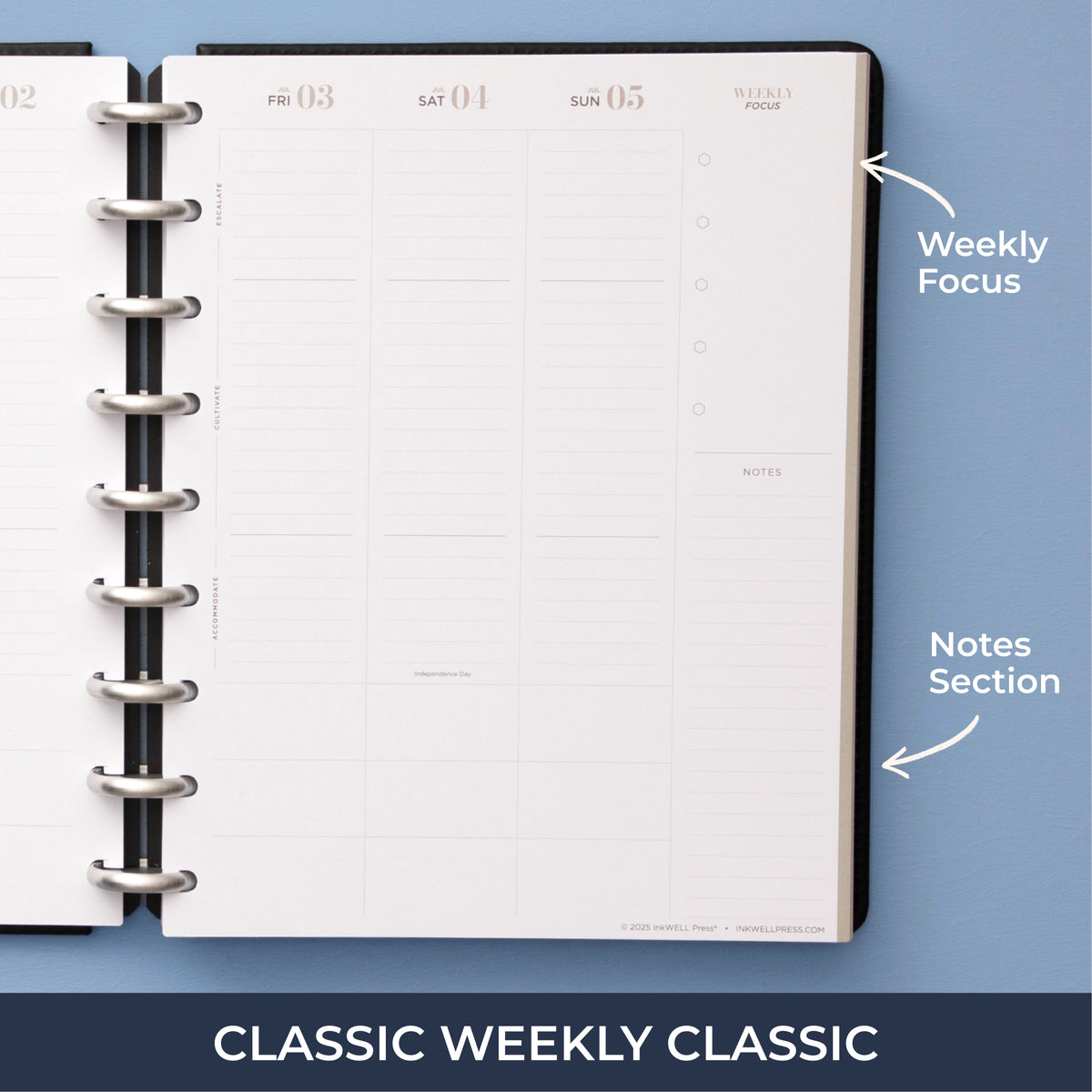 the inkwellpress classic weekly insert features vertical planning with lined writing space, bullet points, and notes section