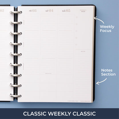 the inkwellpress classic weekly insert features vertical planning with lined writing space, bullet points, and notes section