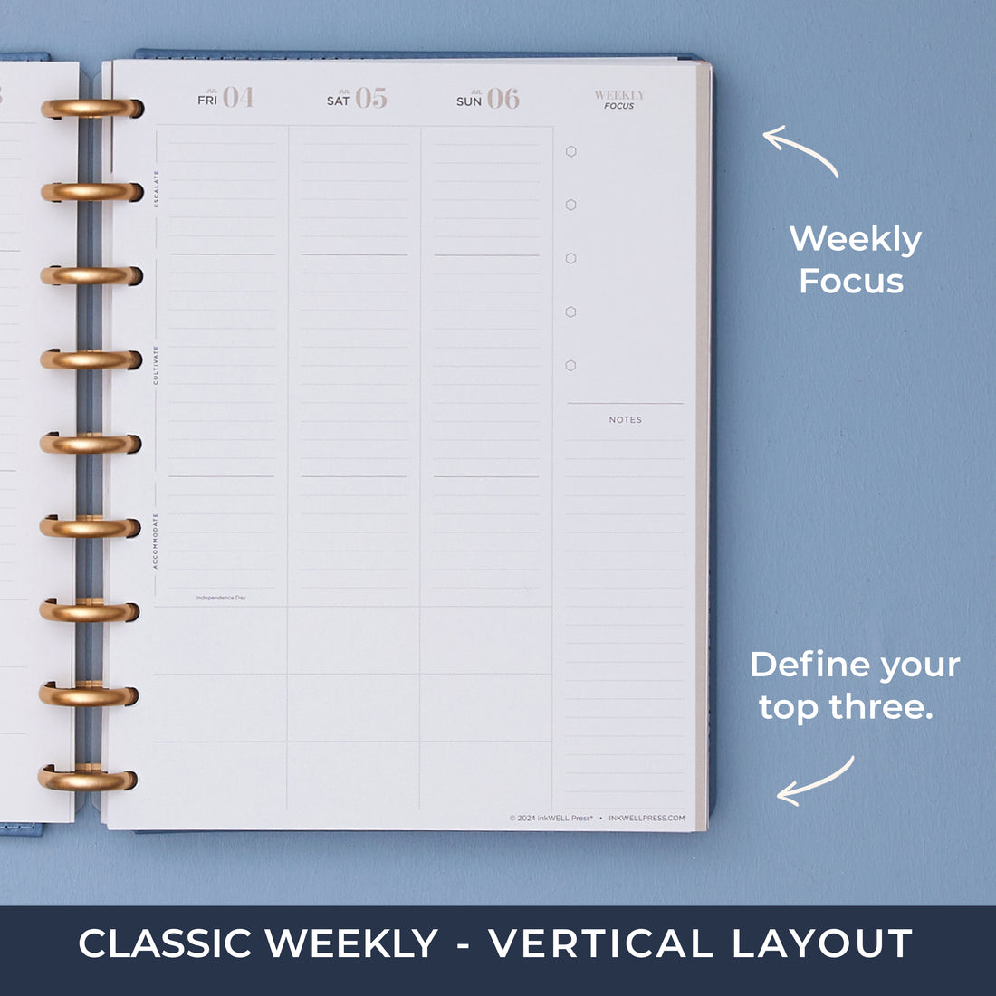 7x9 inkwellpress weekly spread featuring a vertical planning layout