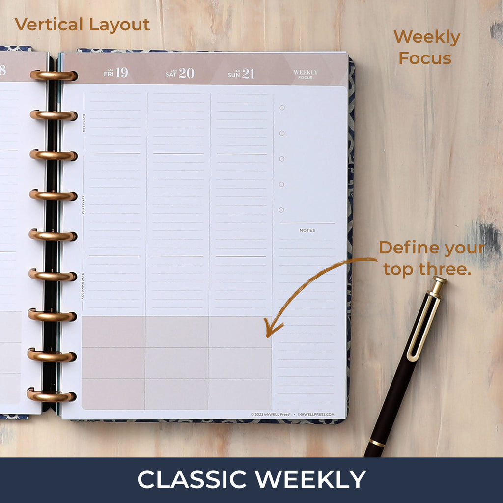 flex planner from inkwellpress featuring a vertical planning layout with lined writing space and top three priorities blocks