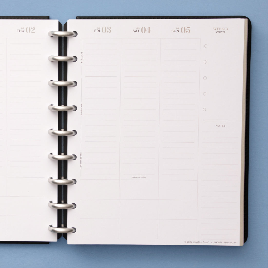 inkwell classic weekly layout featuring bullet points, lined writing space, and vertical planning in 7x9 size