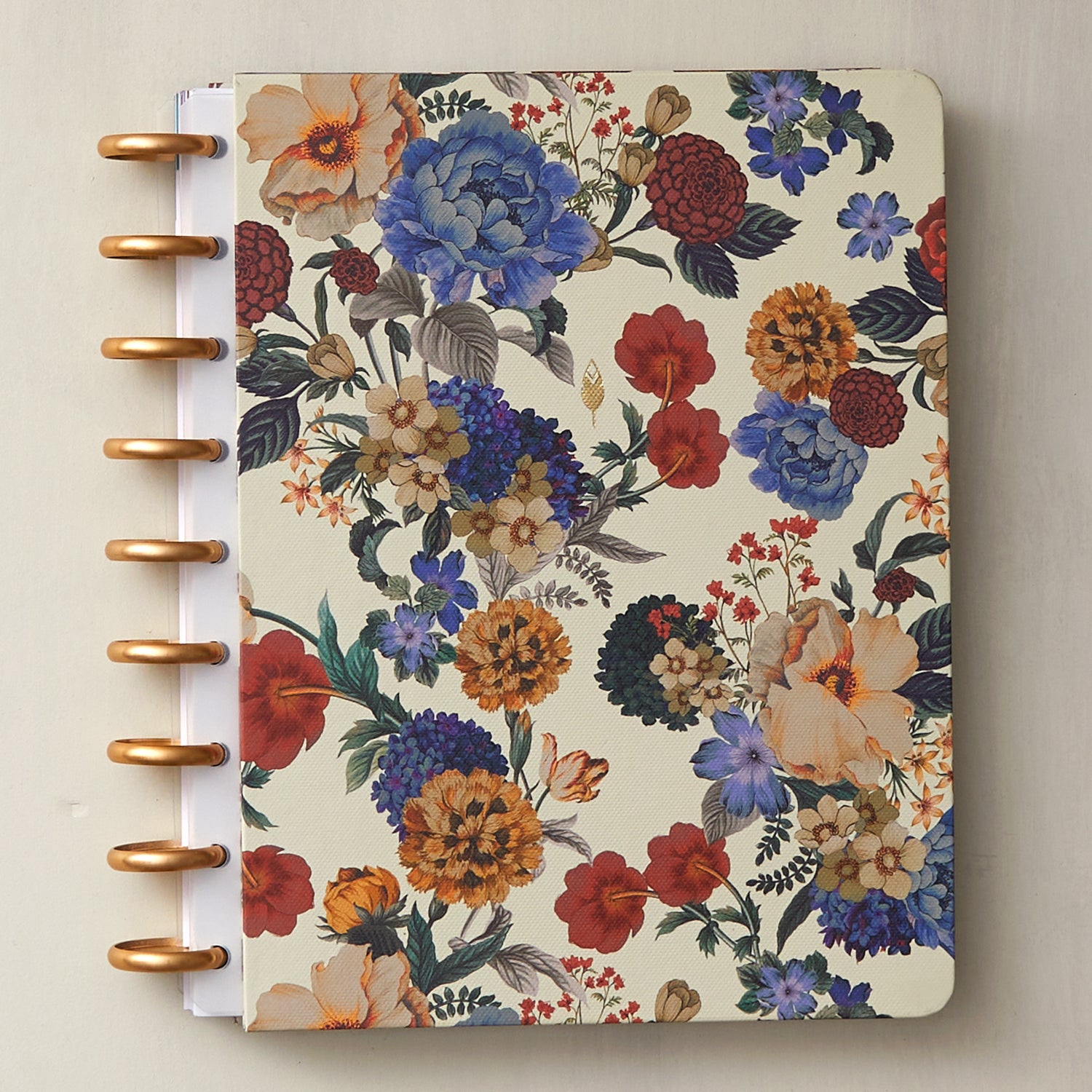 7x9 multi-colored floral pattern off-white background, gold discs, and white-clear binding