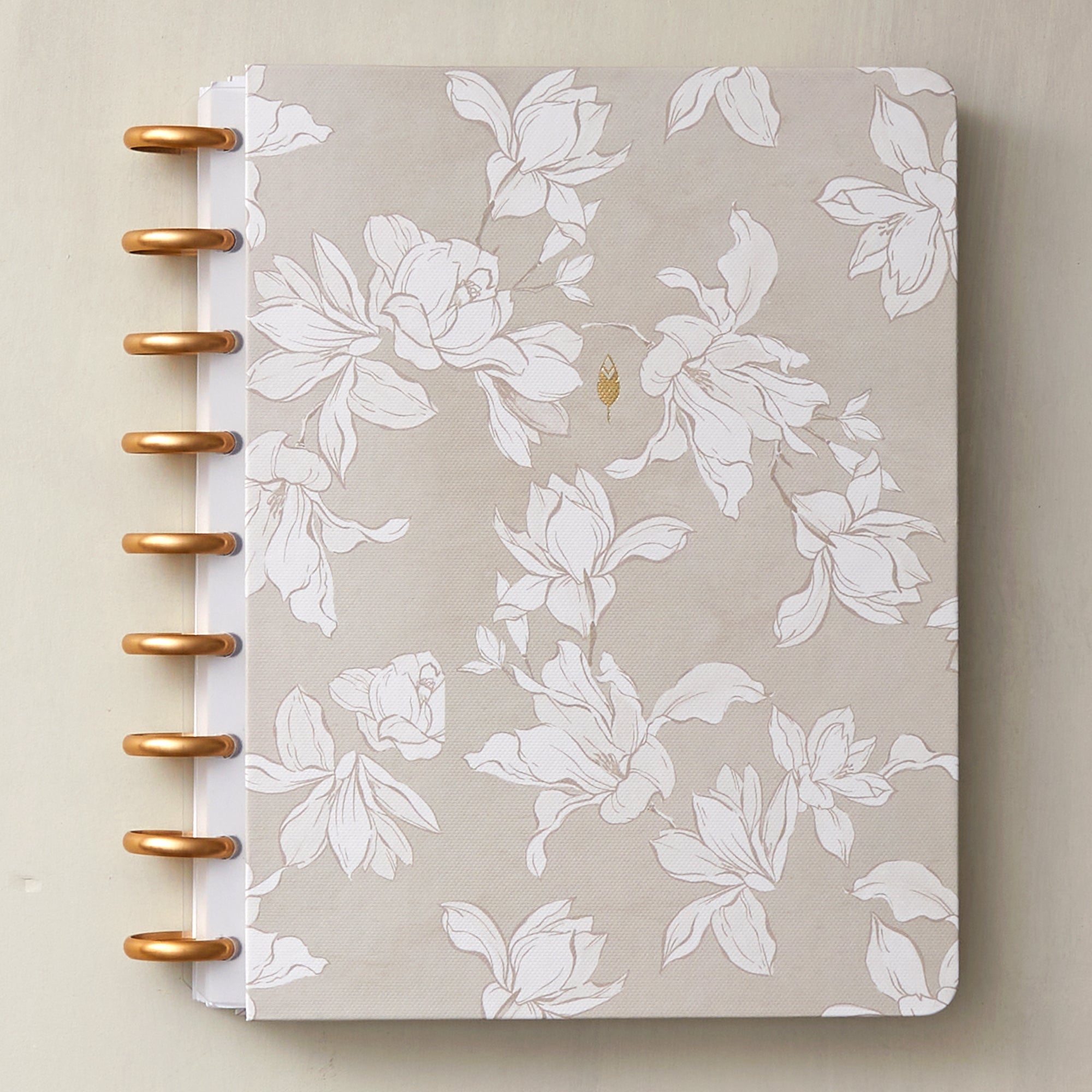 7x9 beautiful white florals with grey background, gold discs, and clear/white binding