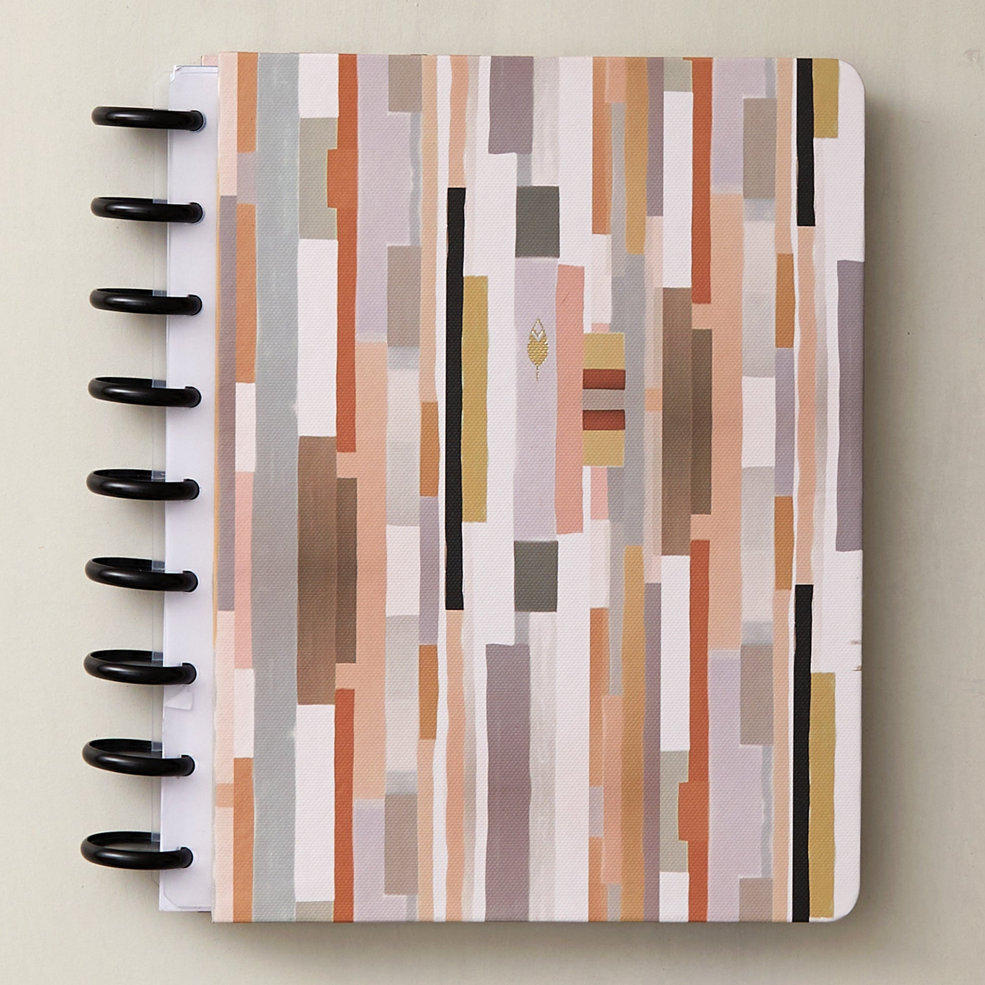 7x9 multi-colored striped front cover with black discs, white-clear bindings