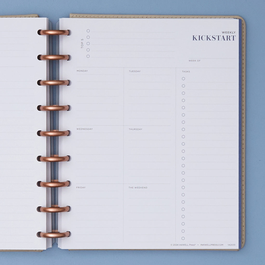 7x9 weekly kickstart page with tasks and daily sections for each day with lined writing space