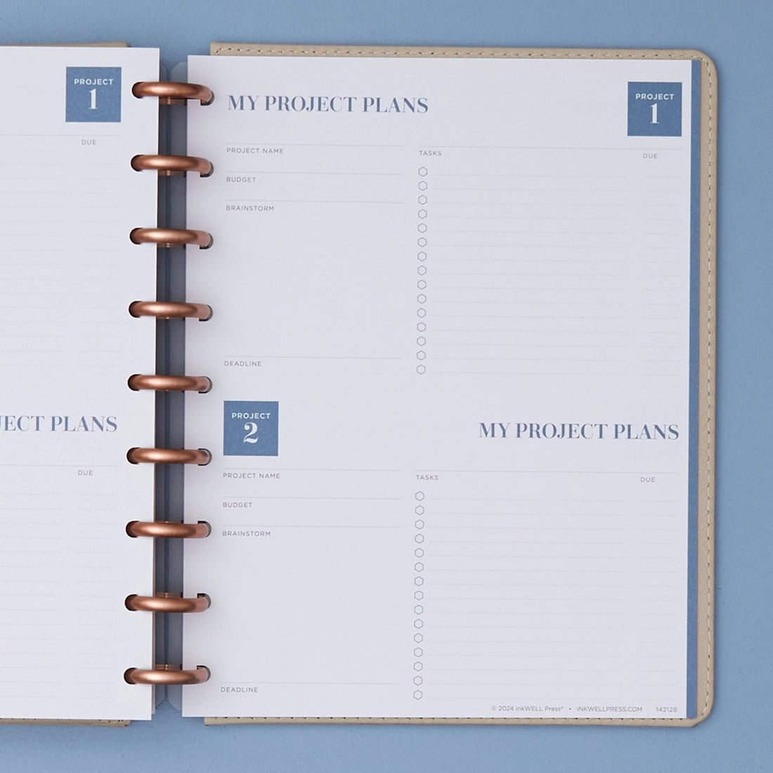 project planning insert with project name, budget, brainstorm and bullet points, lined writing space