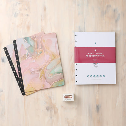 2024-2025 weekly monthly classic planner featuring horizontal planning layout, beautiful hard cover with marble design, and premium rose gold discs