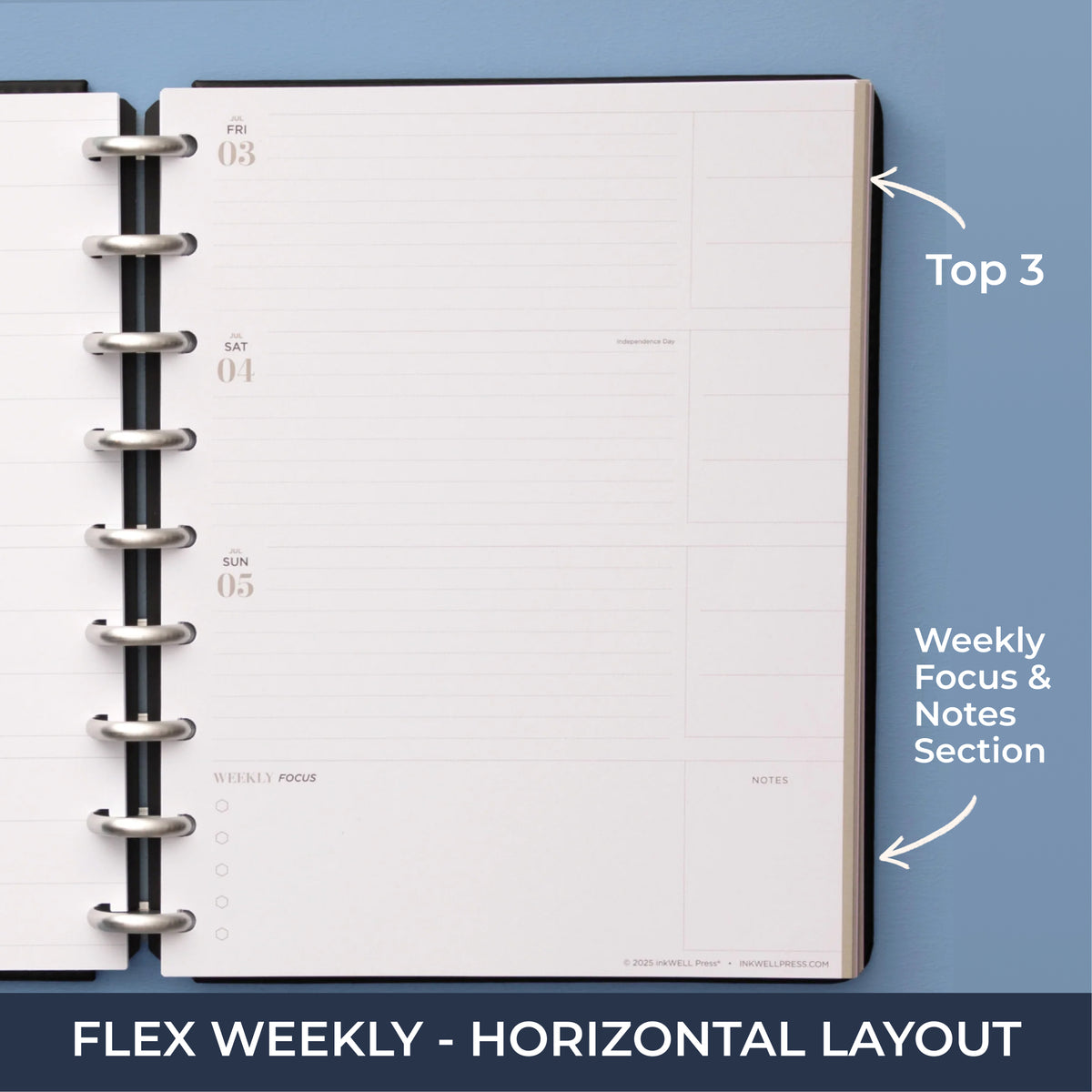 the inkwellpress flex weekly insert features horizontal planning with lined writing space, bullet points, and notes section