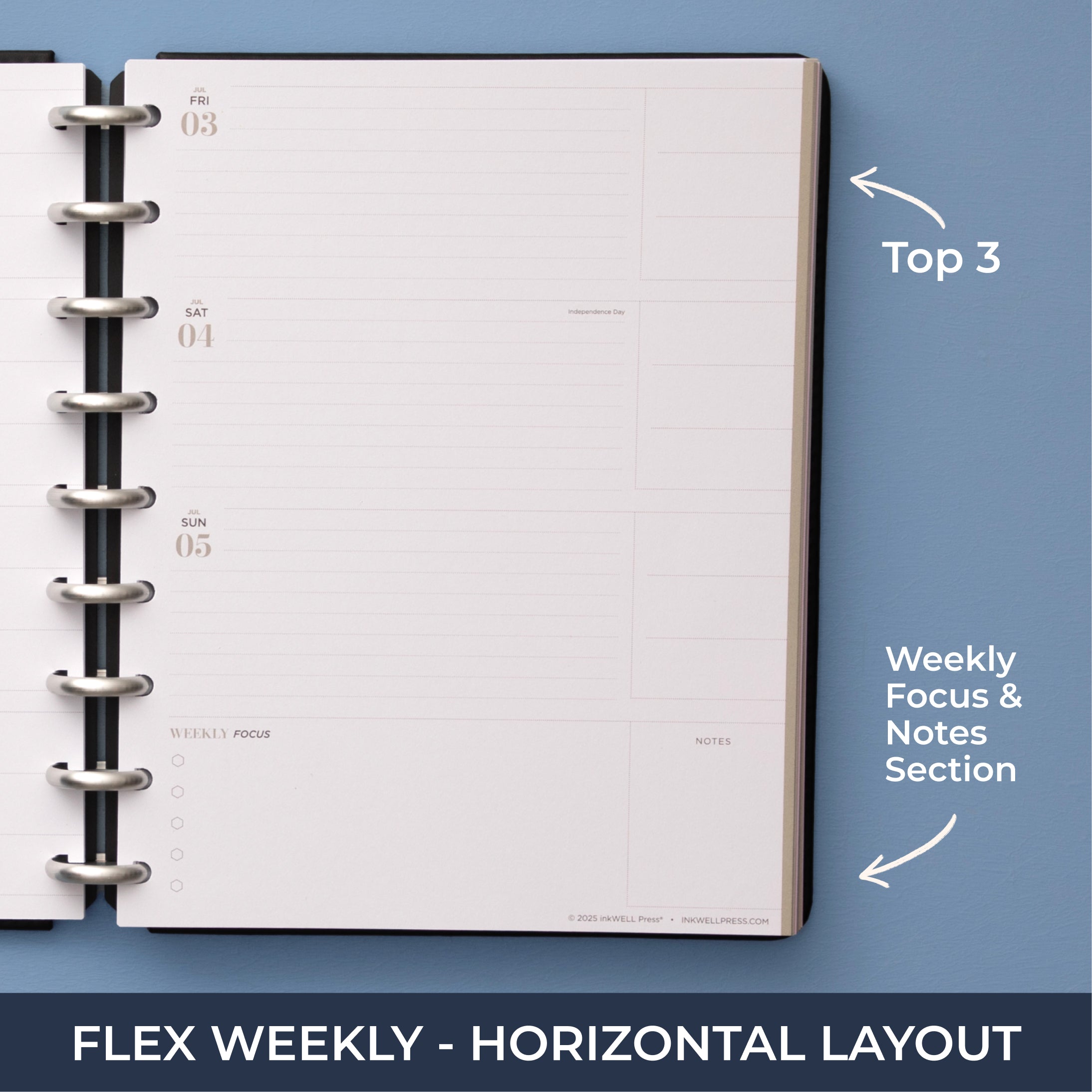 inkwell classic weekly layout featuring bullet points, lined writing space, and horizontal planning in 7x9 size