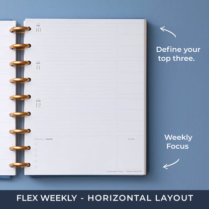 flex planner from inkwellpress featuring a horizontal planning layout with lined writing space and top three priorities blocks