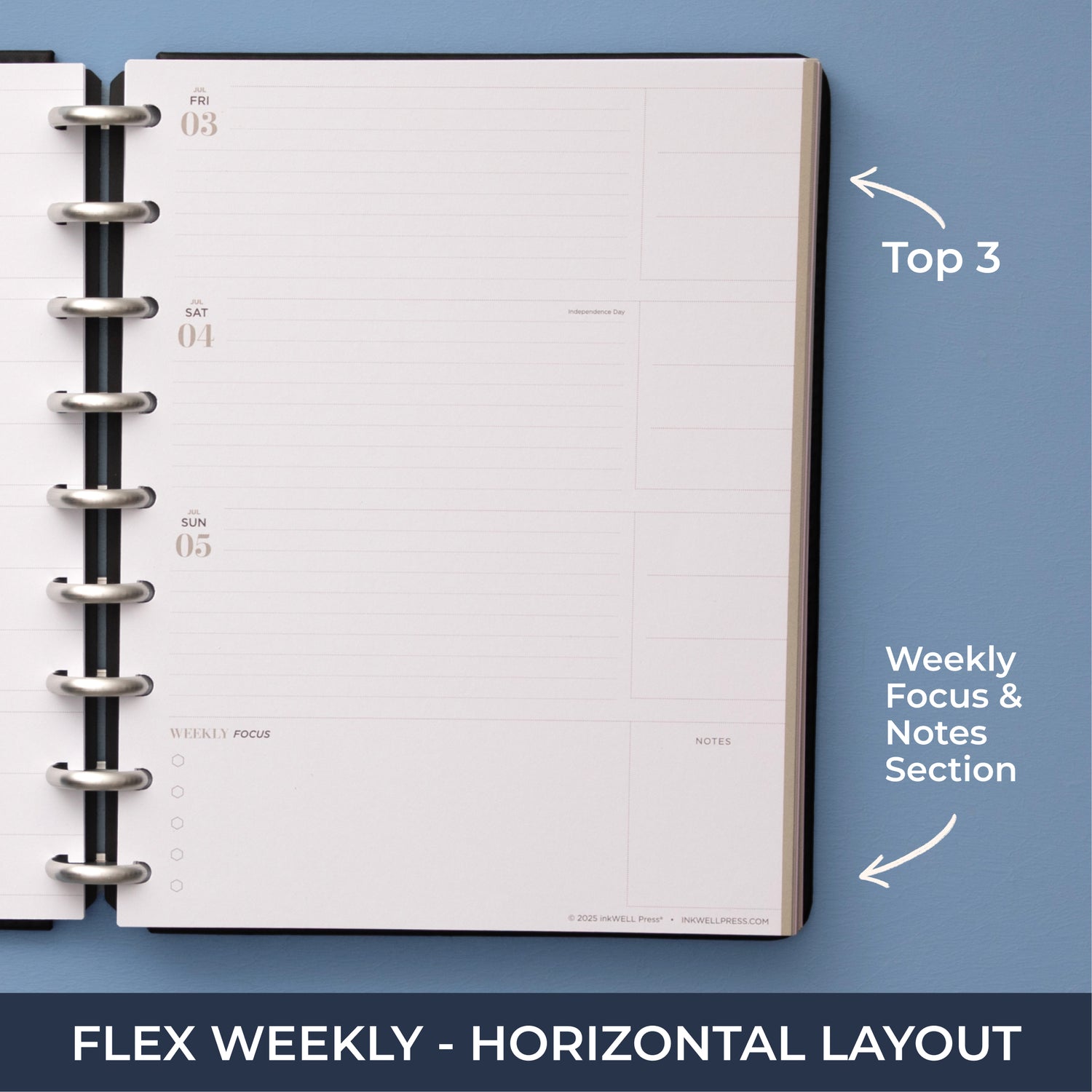 inkwell classic weekly layout featuring bullet points, lined writing space, and horizontal planning in 7x9 size