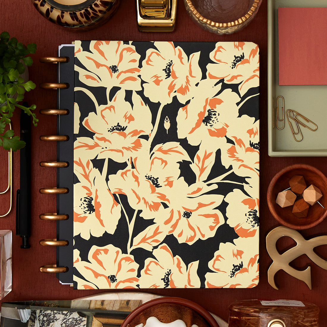 7x9 cover featuring japanese floral patterns in yellow, orange on a black background