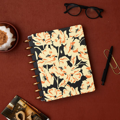 7x9 cover featuring japanese floral patterns in yellow, orange on a black background
