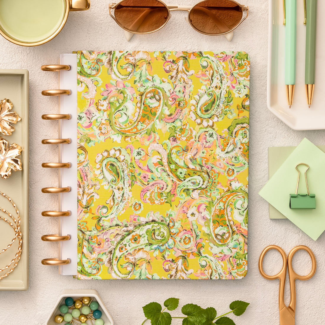 7x9 planner with a colorful paisley pattern on a beige background