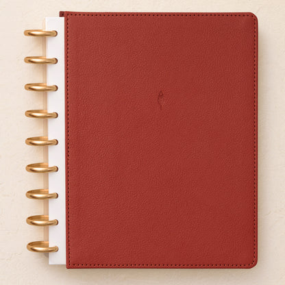 a rouge red burgandy faux leather front cover in 7x9 size with gold disc system