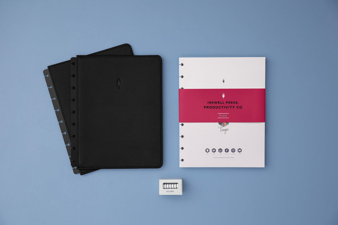 silver disc bound planner with flex inserts and black cover 2026-2027 horizontal planning