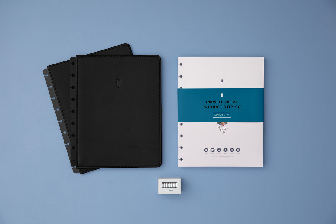 silver disc bound planner with monthly inserts and black cover 2026