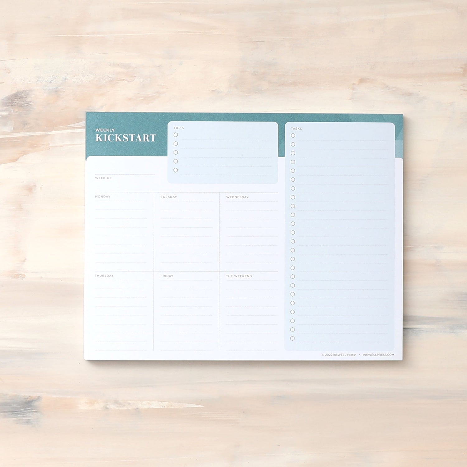 kickstart notepad in 7x9 size featuring to do list for tasks, top 5, and weekly overview with lined writing space