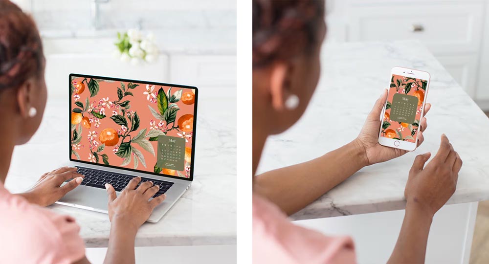 May Wallpaper mockups on a desktop and mobile phone.