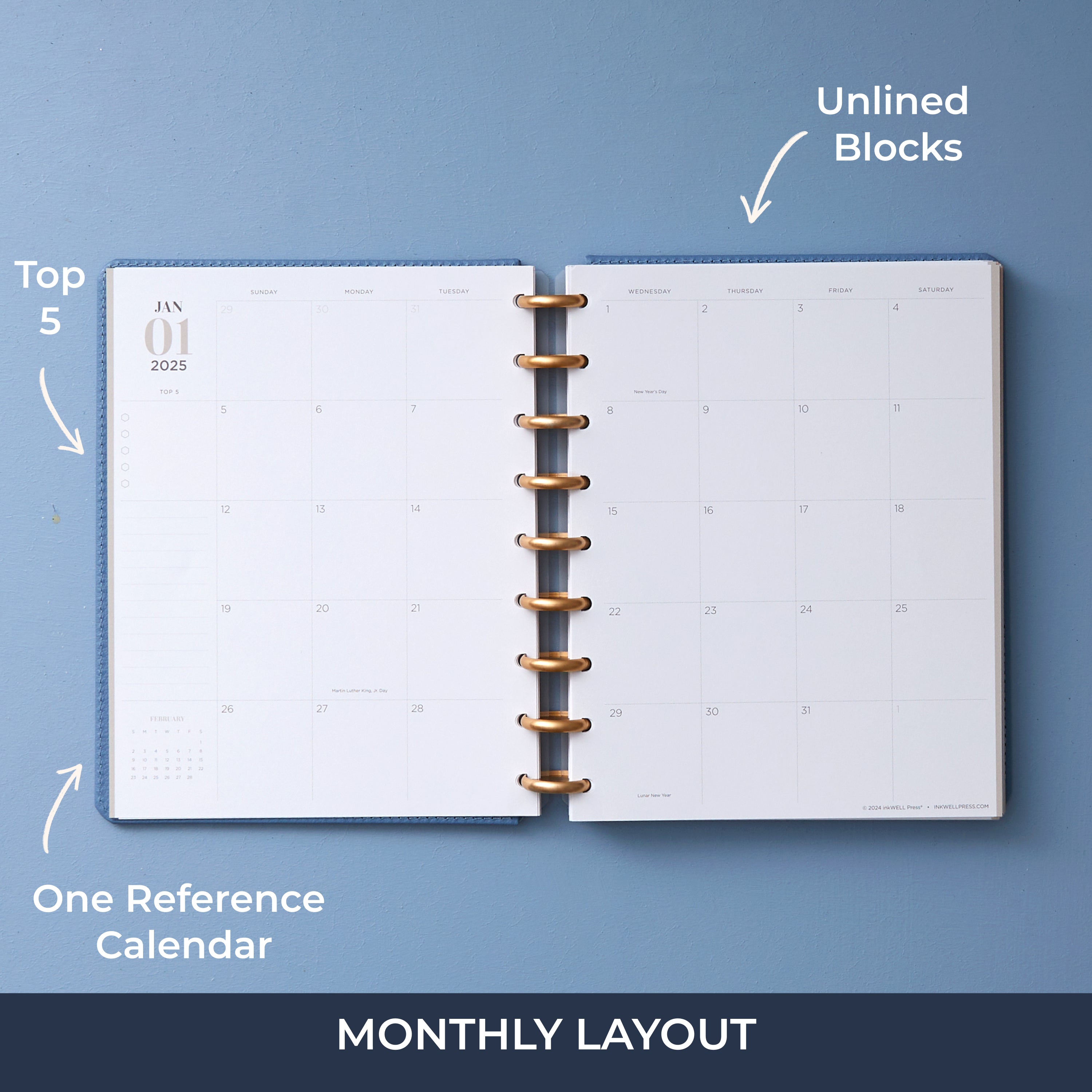 monthly spread with blocks for each section, notes section, reference calendars