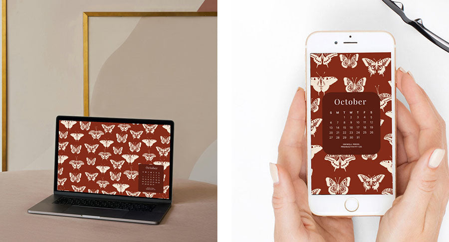 October Wallpaper mockups on a desktop and mobile phone.