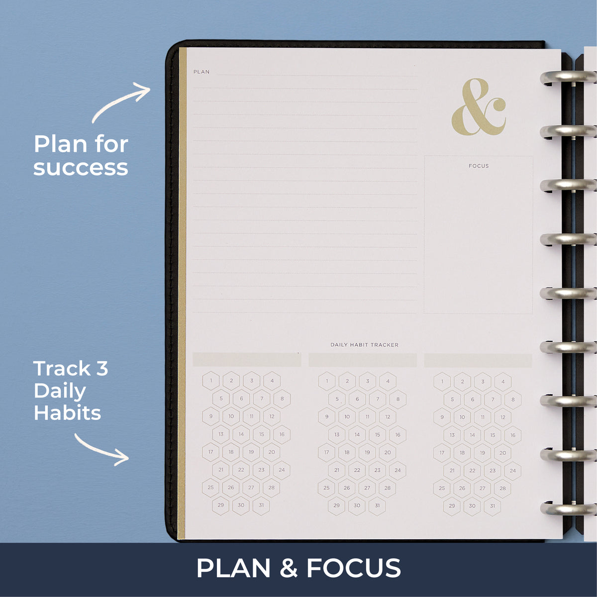 this planner insert called Plans and Focus featuring a 3 daily habit tracker, lined writing space, and focus blanks notes section