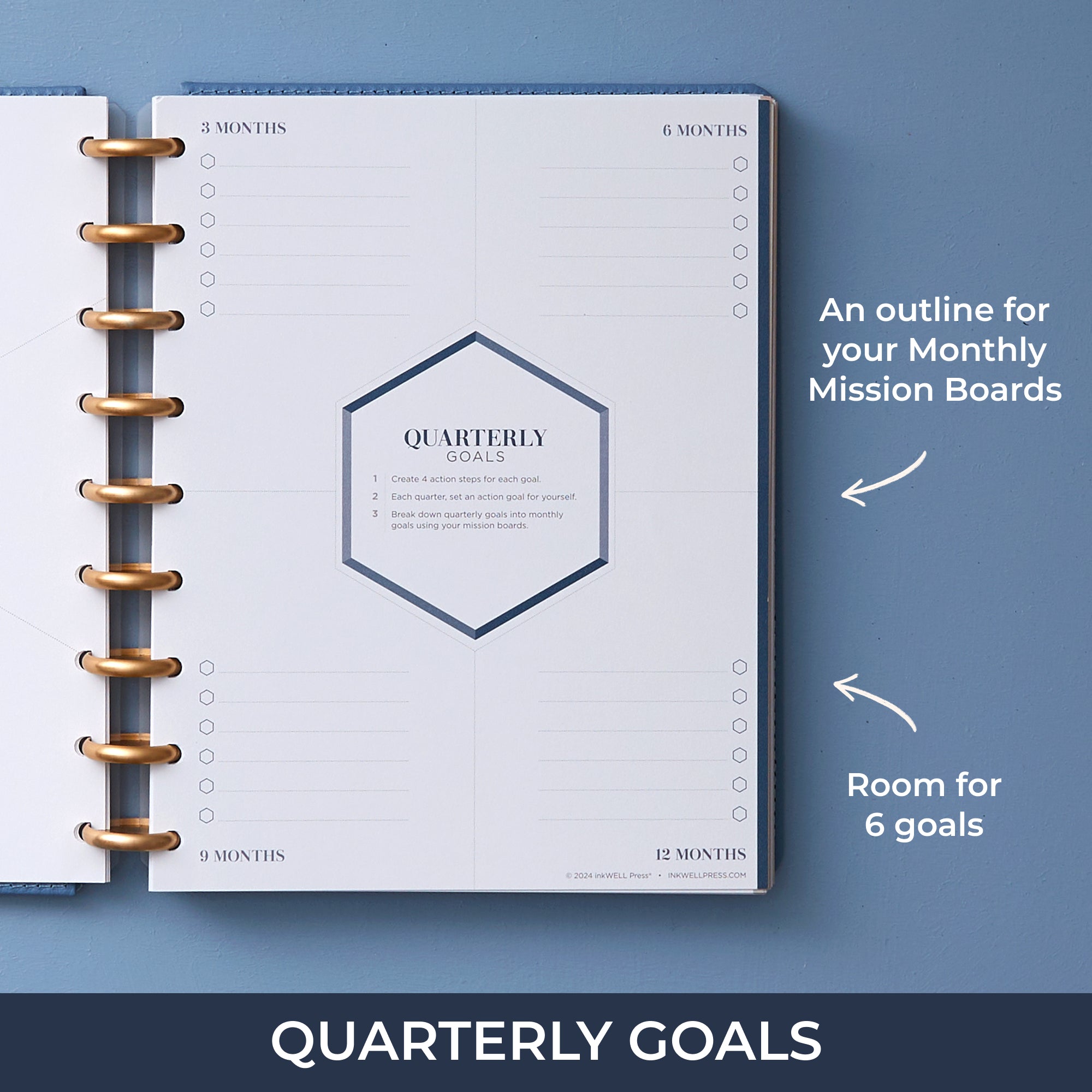 quarterly goals 3 6 9 and 12 month sections with bullet points