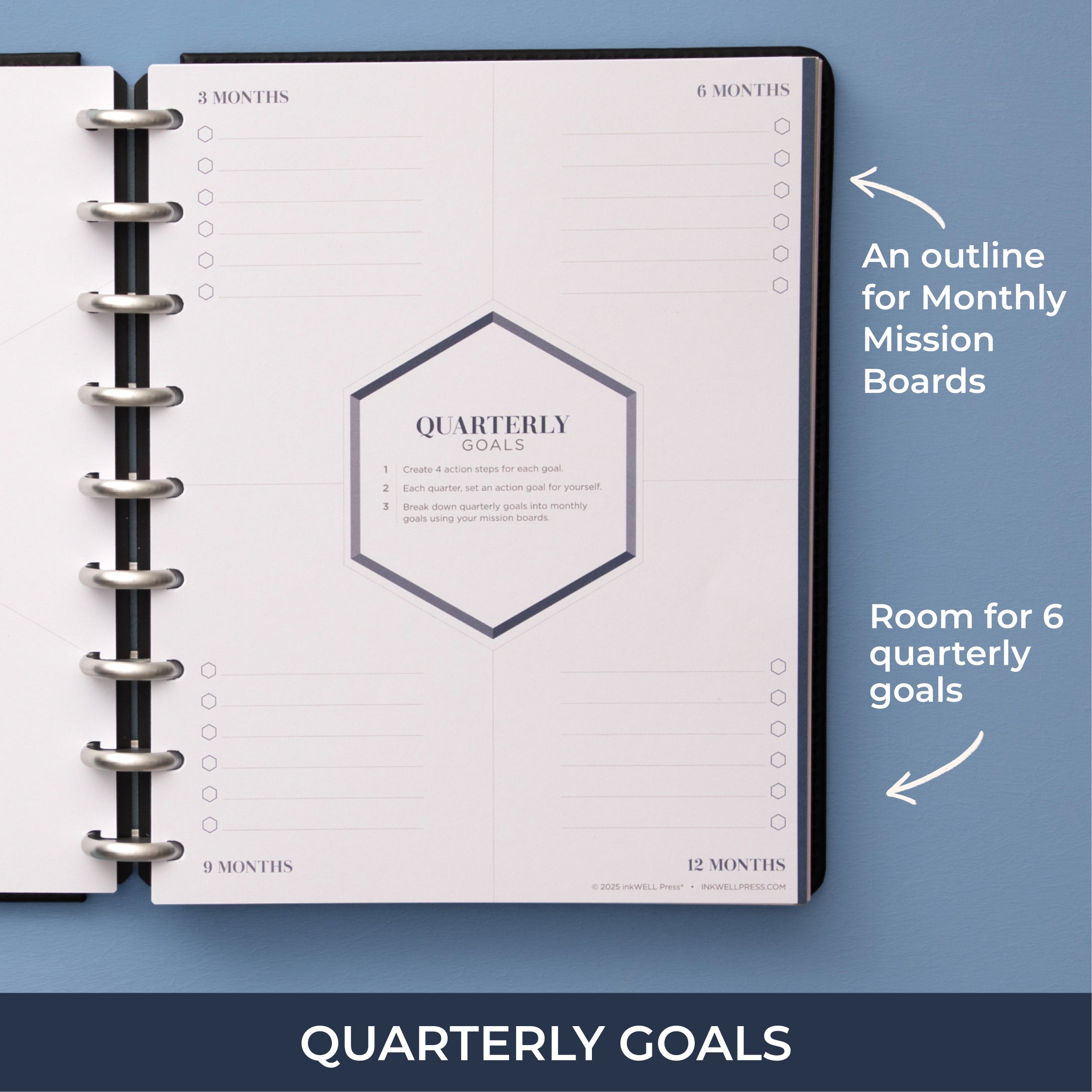 quarterly goals tracking at 3, 6, 9, and 12 months with lined writing space
