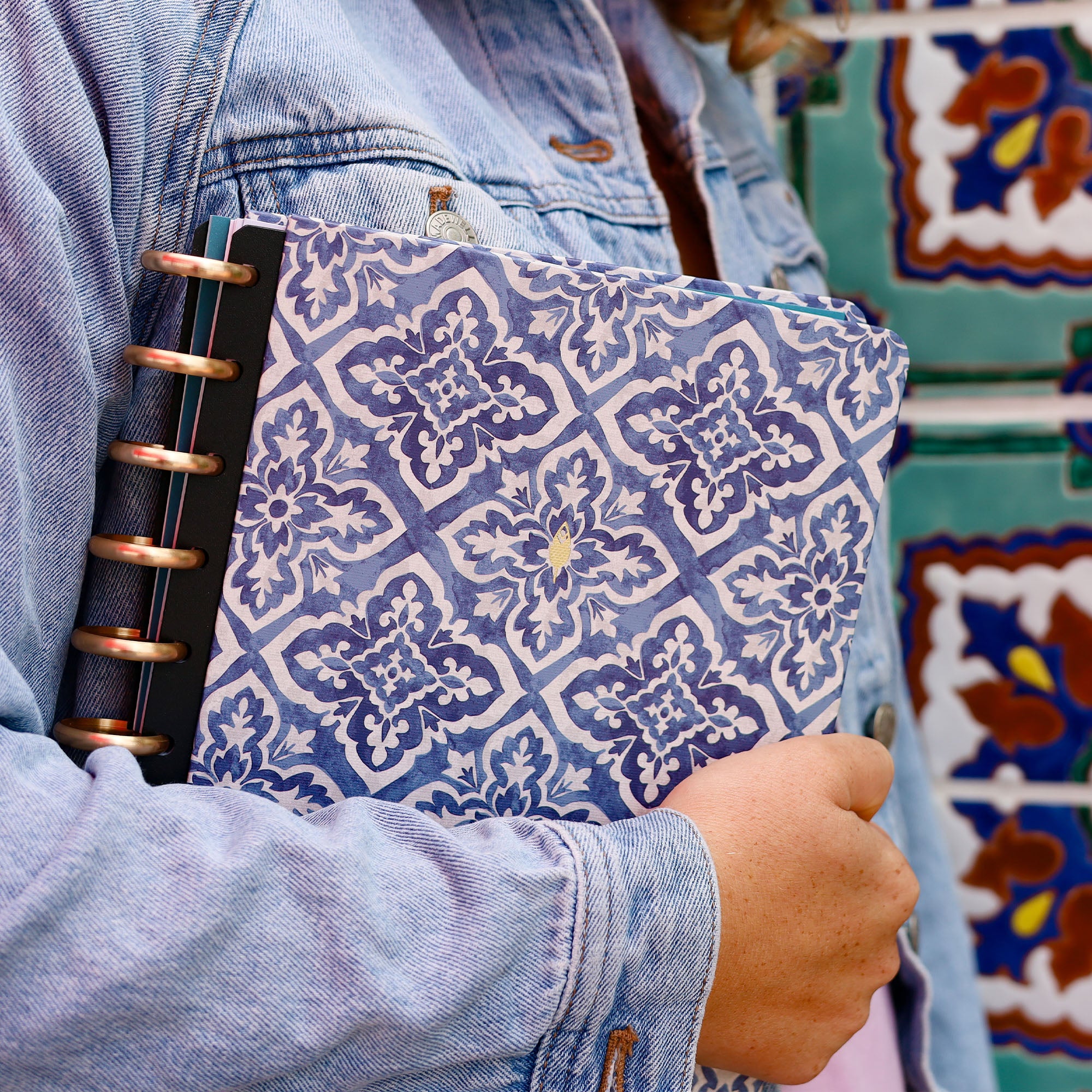 villa cover feature classic tile pattern in blue and white outlines