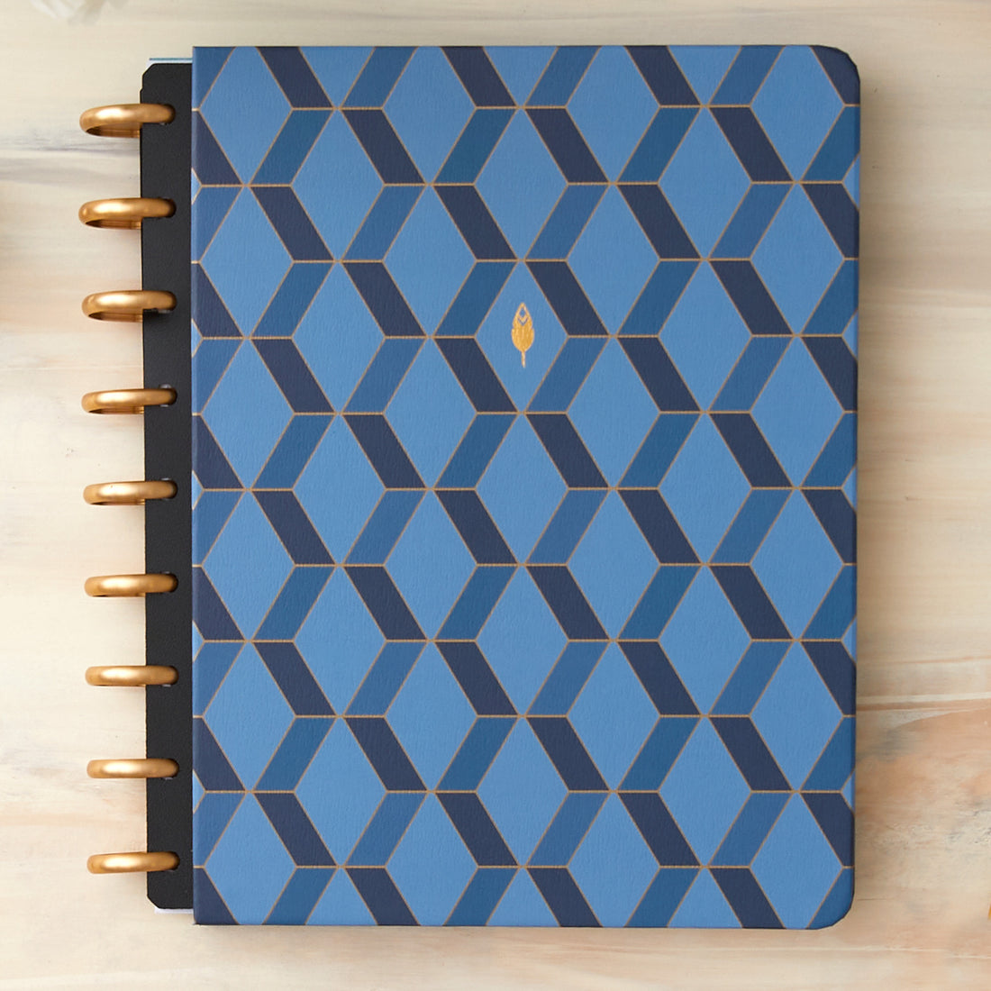 Blue Links discbound cover for inkwell press 2023 planners featuring a 3D hexagon pattern in blue and gold outlines